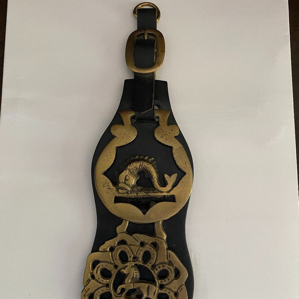 Leather and Brass vintage equestrian medallion fish and horse designs